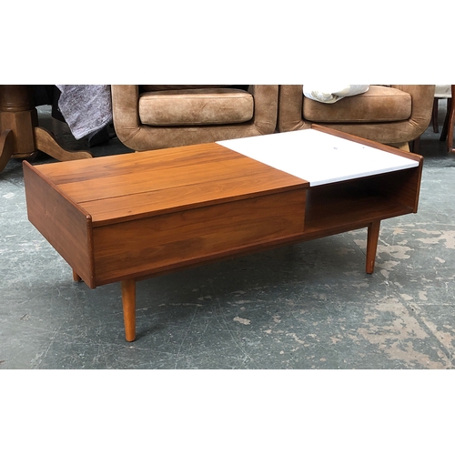 826 - A West Elm mid-century style pop-up coffee table with marble top and rising surface panel, 122x61x44... 