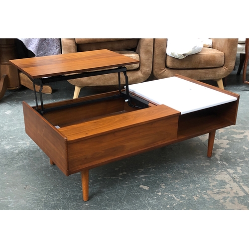 826 - A West Elm mid-century style pop-up coffee table with marble top and rising surface panel, 122x61x44... 