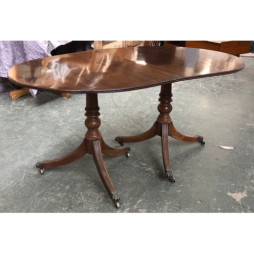 836 - A mahogany twin pedestal D end dining table in Regency style, 96cmW 74cmH 150cmL when closed, the sp... 