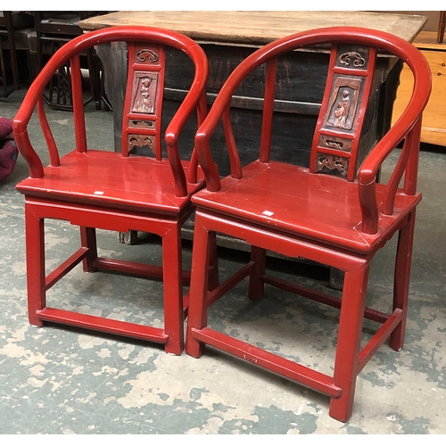 874 - Interior design interest: A matched pair of red lacquered Chinese horseshoe armchairs, 50cmW