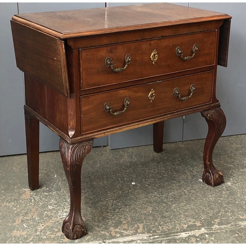 715 - A mahogany chest of two drawers, in 18th century style, the top with two drop ends, on carved cabrio... 