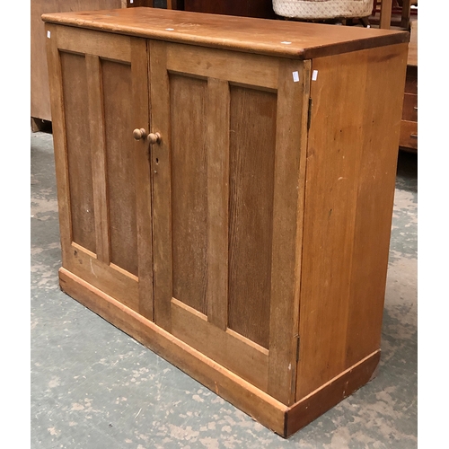 881 - A 20th century pine school cupboard, panel doors opening to pigeonholes, 122x46x112cmH