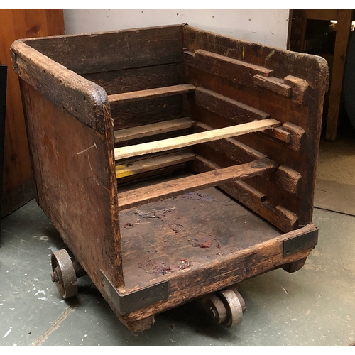 945 - A vintage wooden bobbin trolley from Axminster carpet factory, 70x81x78cmH