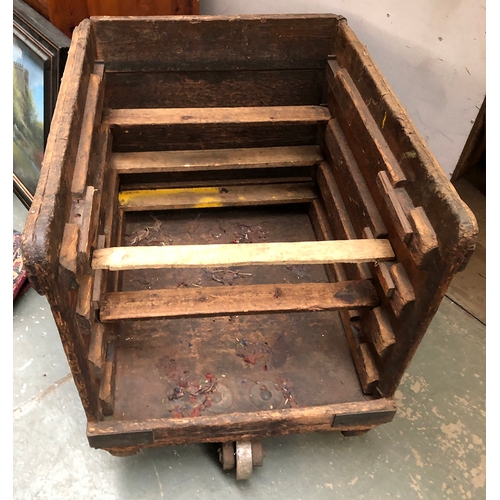 945 - A vintage wooden bobbin trolley from Axminster carpet factory, 70x81x78cmH