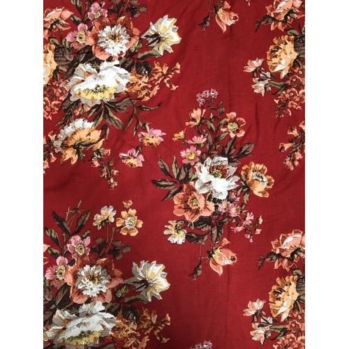 921 - A pair of red curtains decorated with floral sprays, lined, approx. 205cm drop, 235cm ungathered wid... 