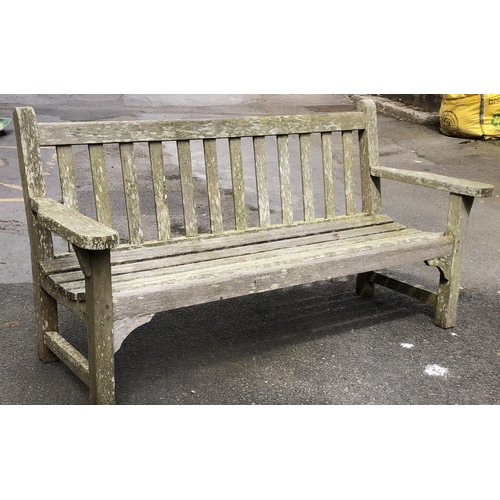 676 - A teak slatted garden bench, approx 161.5cmW; together with a chair 59cmW