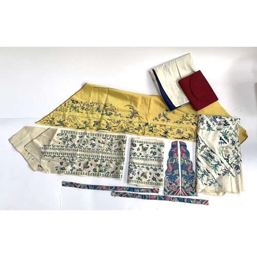 111 - A collection of good Chinese silk embroidery, to include a late 19th/early 20th century uncut yardag... 