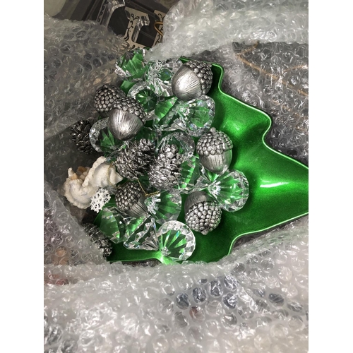 461 - Three large boxes of Christmas decorations, tinsel, figurines, bells, tree ornaments, gift bags, fai... 