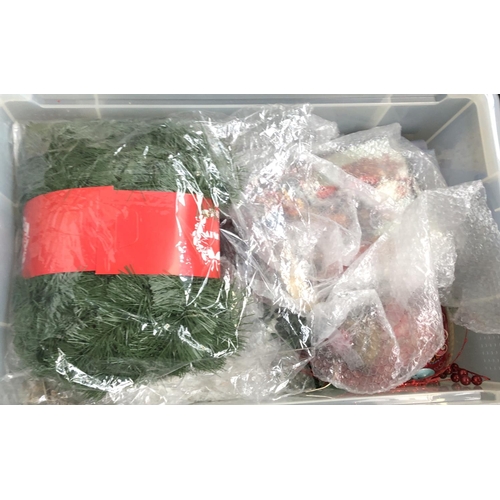 461 - Three large boxes of Christmas decorations, tinsel, figurines, bells, tree ornaments, gift bags, fai... 