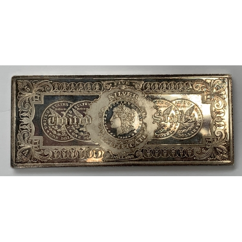 59 - A reproduction 1886 one troy pound five dollars silver certificate bar (silver plated), 381g