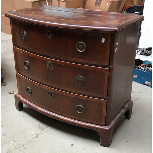 990 - An 18th century and later walnut bowfront chest of three drawers, crossbanded, 88x51x82cmH