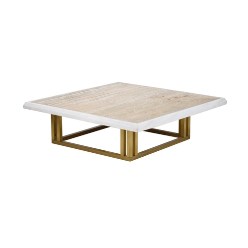 1001 - A travertine and white marble square low centre table, of recent manufacture, on a brushed metal bas... 