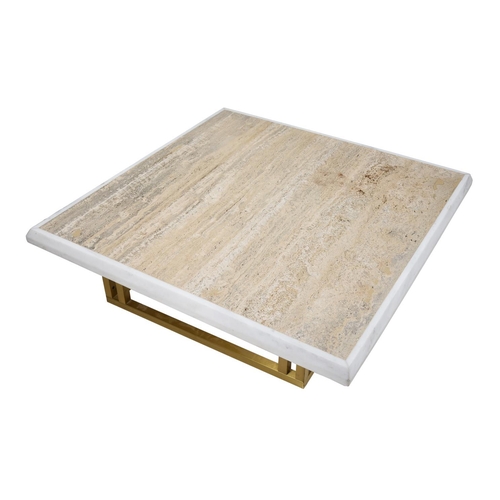 1001 - A travertine and white marble square low centre table, of recent manufacture, on a brushed metal bas... 