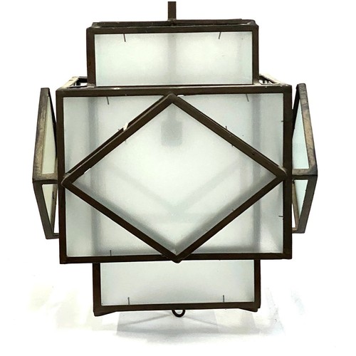 994 - Interior design interest: a wrought metal and frosted glass Art Deco style geometric hanging lantern... 