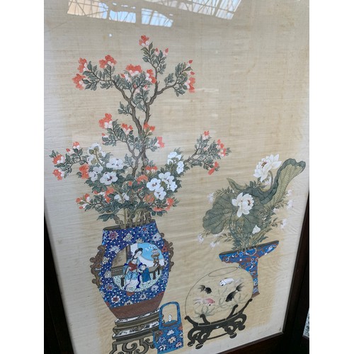 1002 - A four fold Chinese screen, early 20th century, incorporating four silk panels, depicting decorative... 