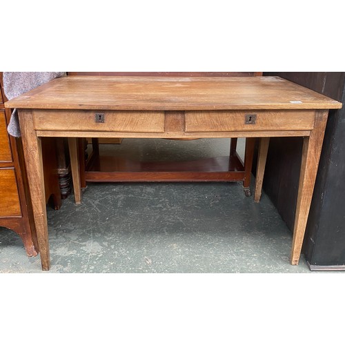 744 - A fruitwood kitchen table, with two drawers, on square tapered legs, 114x72.5x71cmH