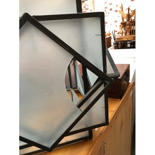 997 - Interior design interest: a wrought metal and frosted glass Art Deco style geometric hanging lantern... 