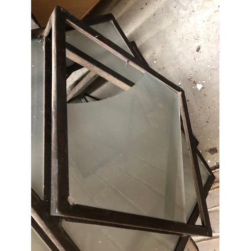 998 - Interior design interest: a wrought metal and frosted glass Art Deco style geometric hanging lantern... 