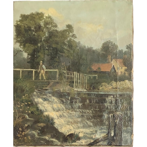 409 - Late 19th century oil on canvas, bridge over waterfall with country cottage in background, 30x25cm