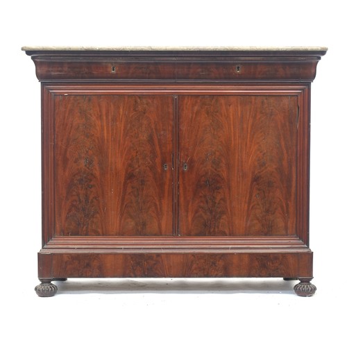 731 - A Louis Philippe mahogany and marble topped side cabinet, having two cushion drawers over two doors ... 