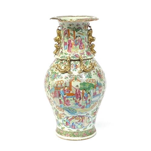 138 - A 19th century Chinese famille rose baluster vase (af), painted with court scenes, with twin foo dog... 