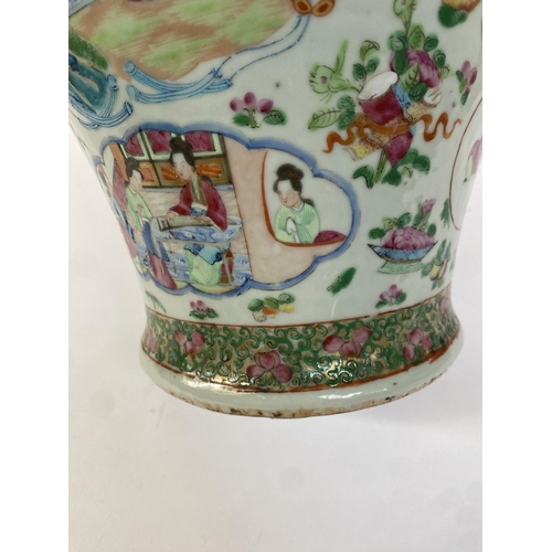 138 - A 19th century Chinese famille rose baluster vase (af), painted with court scenes, with twin foo dog... 