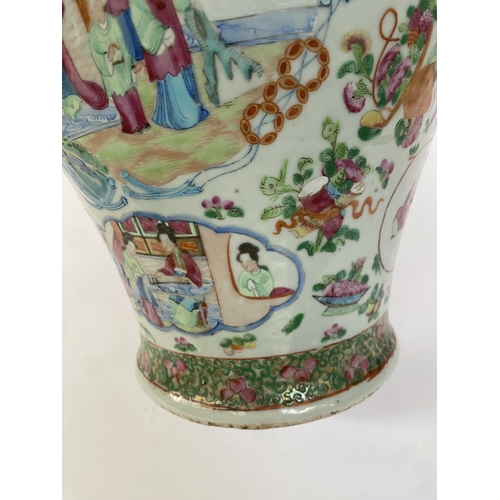 138 - A 19th century Chinese famille rose baluster vase (af), painted with court scenes, with twin foo dog... 