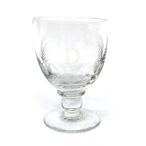 140 - Two hand blown wine glasses, each engraved with the letter 'D', 14.5cmH and 17cmH (2)