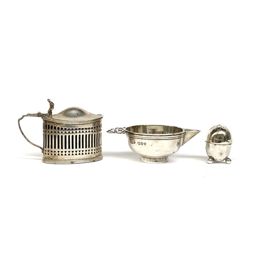 100 - Three silver items: lidded mustard with blue glass liner; small pap boat; and an egg shaped pepper, ... 