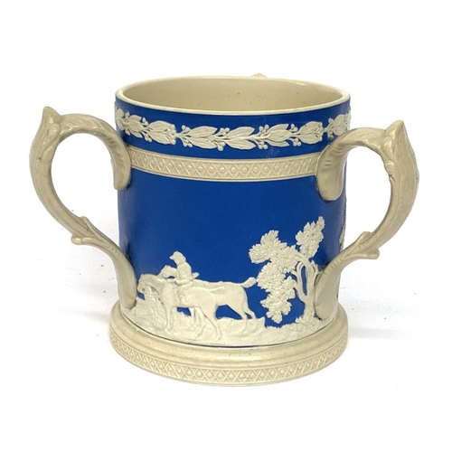 151 - A late 19th century Copeland late Spode Jasperware tri-handled Tyg mug depicting hunting scenes, mar... 