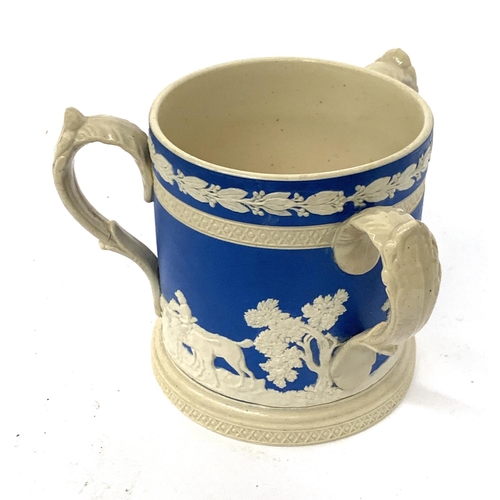 151 - A late 19th century Copeland late Spode Jasperware tri-handled Tyg mug depicting hunting scenes, mar... 