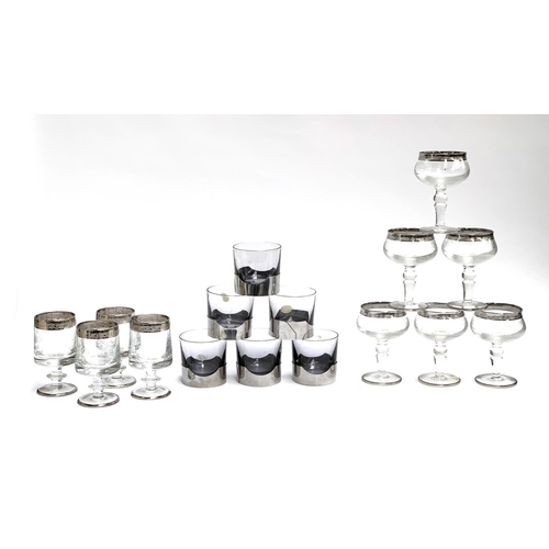 156 - A set of six mid century grey glass tumblers; together with six etched glass hock glasses with silve... 