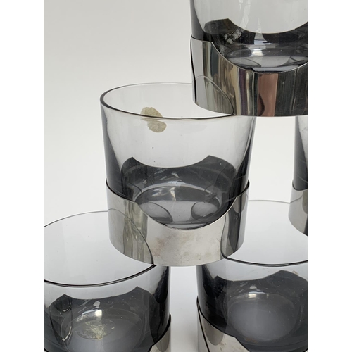 156 - A set of six mid century grey glass tumblers; together with six etched glass hock glasses with silve... 