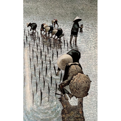 490 - A lacquer panelled picture depicting a Vietnamese rice paddy, 80x50cm