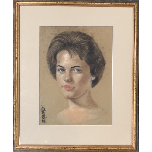 493 - Pastel portrait of a lady, with Chinese characters lower left and dated '61, 32x23.5cm