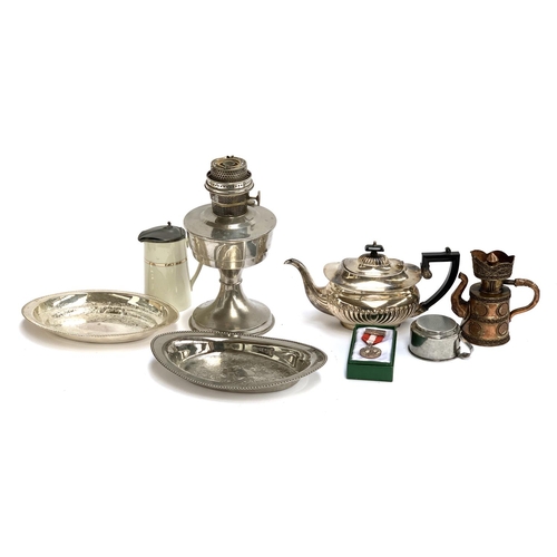 114 - A silver plated teapot; oil lamp; pewter lidded ceramic tankard etc