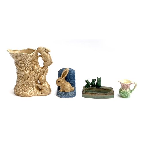 181 - Three pieces of 1930s Sylvac, a bunny jug, 21.5cmH, bunny bookend and small Thistle jug; together wi... 