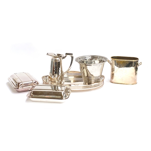 120 - A quantity of silver plated items to include a heavy pitcher; champagne bucket; galleried tray; entr... 