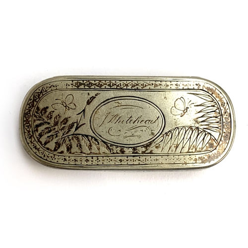 252 - A 19th century white metal snuff box, the hinged lid engraved 'J. Whitehead' amongst butterflies and... 