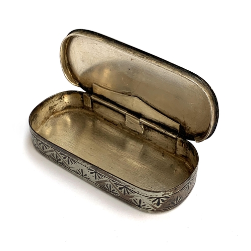 252 - A 19th century white metal snuff box, the hinged lid engraved 'J. Whitehead' amongst butterflies and... 