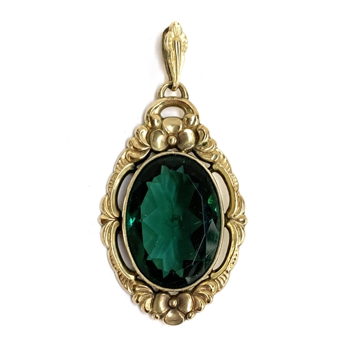 24 - A German Jugendstil 8ct gold and green paste pendant, 5.5cmL including bail. 9.7g