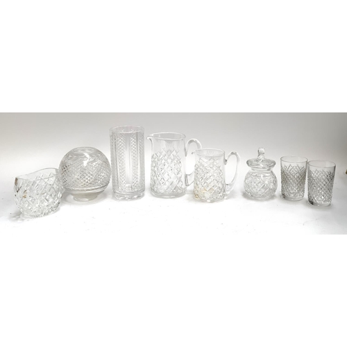 208 - A quantity of Waterford crystal, to include jugs, cylindrical vase 20cmH, jam pot etc