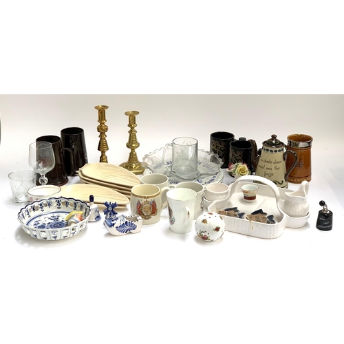 218 - A mixed lot to include brass candlesticks, Portuguese dish; Delft; Portmeirion etc