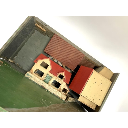 264 - A scratch built toy farmyard, c.1930s, with Britains animals, contained within a metamorphic box