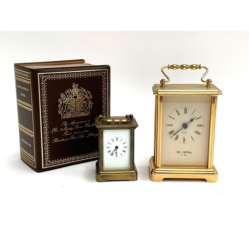 93 - A miniature Thwaites & Reed carriage clock, 8cmH, together with a further quartz Widdop carriage clo... 