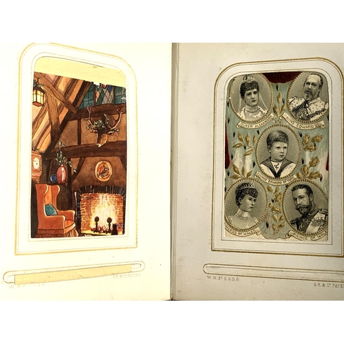 266 - A small photograph album containing a quantity of late 19th and early 20th century postcards, drawin... 