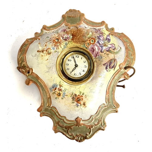 227 - An unusual early 20th century hand painted floral porcelain wall clock, together with a Meissen plat... 