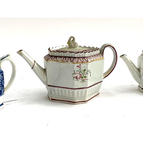 228 - Three early 19th century teapots (af), one pearlware Harley teapot (restored), hand painted with flo... 