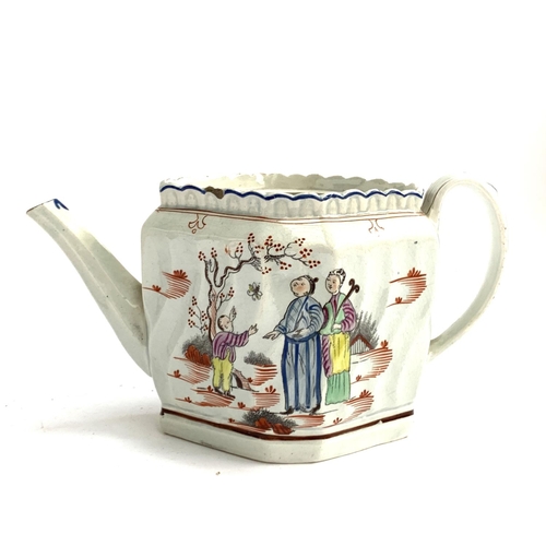 228 - Three early 19th century teapots (af), one pearlware Harley teapot (restored), hand painted with flo... 