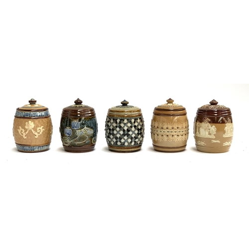 189 - Five Doulton Lambeth tobacco jars, c.1880, each approx. 13cmH